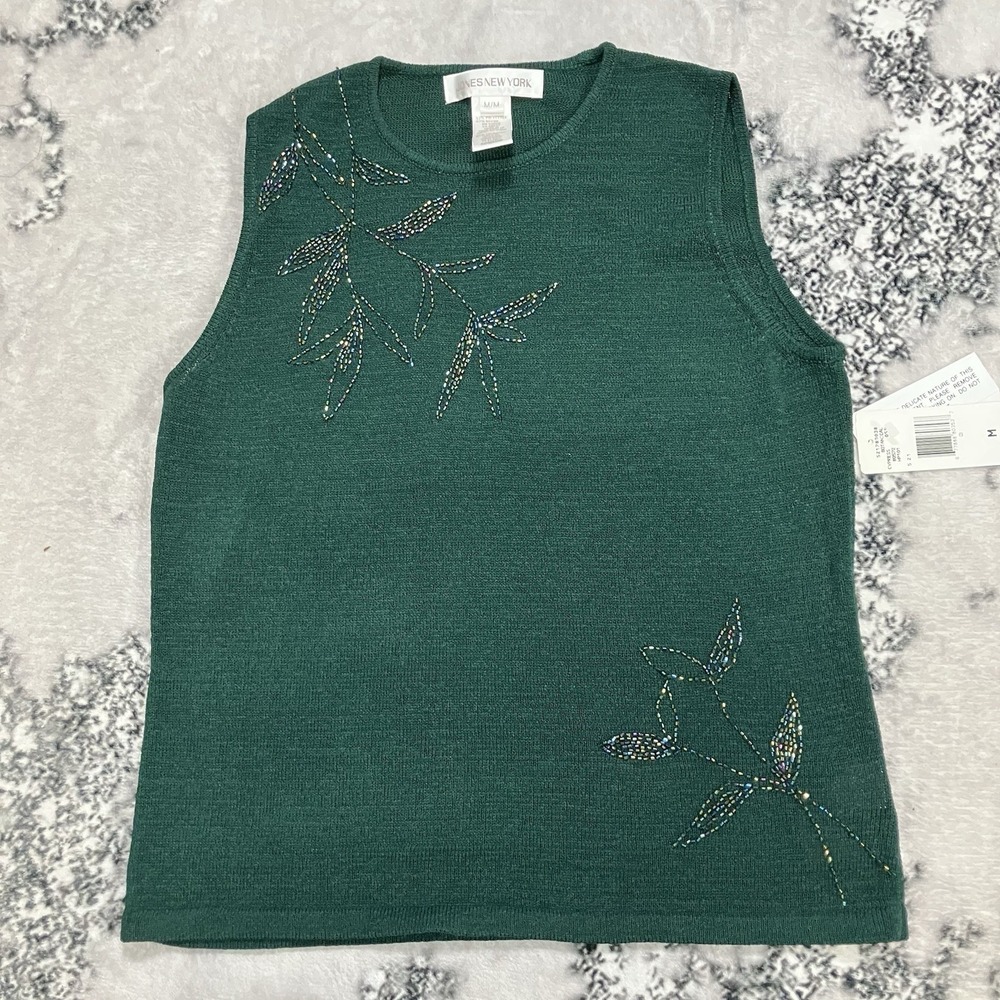 Jones New York Green Wool Blend Beaded Floral Sweater Vest Sz M NWT